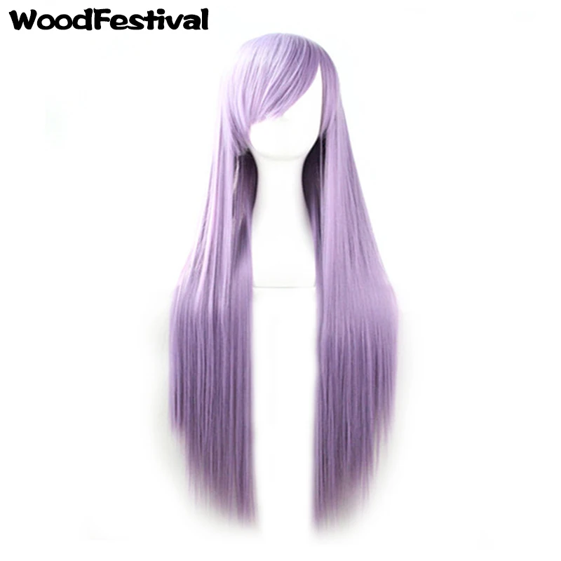 WoodFestival Synthetic Hair Cosplay Wigs For Women Straight Long Wig With Bangs Pink Red Blue Purple Blonde Brown Black Green