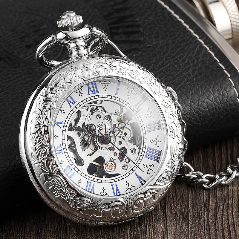 

Luxury Silver Roman Number Dial Mens Mechanical Pocket Watch With Chain Elegant Carving Hollow Skeleton Pocket Watches Gifts Set