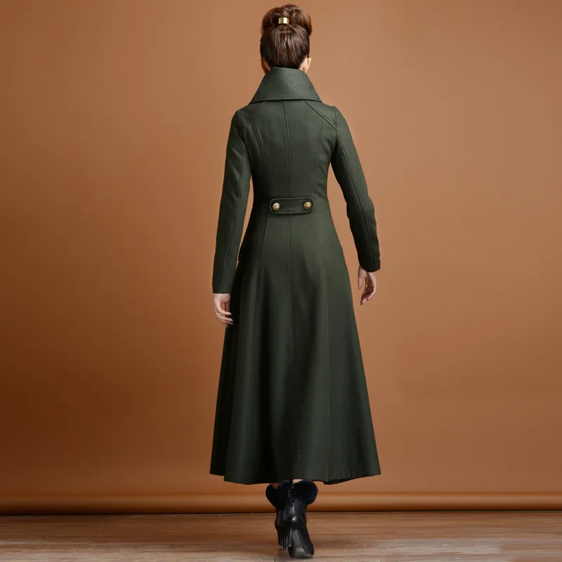 Abrigo de lana de doble botonadura para mujer, abrigo grueso de estilo militar, cuello alto, delgado, largo, Cachemira, cálido, invierno