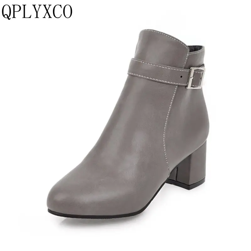 QPLYXCO Ankle Boots Women New Fashion High Heels Round Toe Zip Big Small Size 31-45 Spring Autumn Winter Zipper Short Boots 3-9