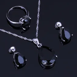 Enjoyable Water Drop Black Cubic Zirconia Silver Plated Jewelry Sets Earrings Pendant Nacklace Chain Ring V0959