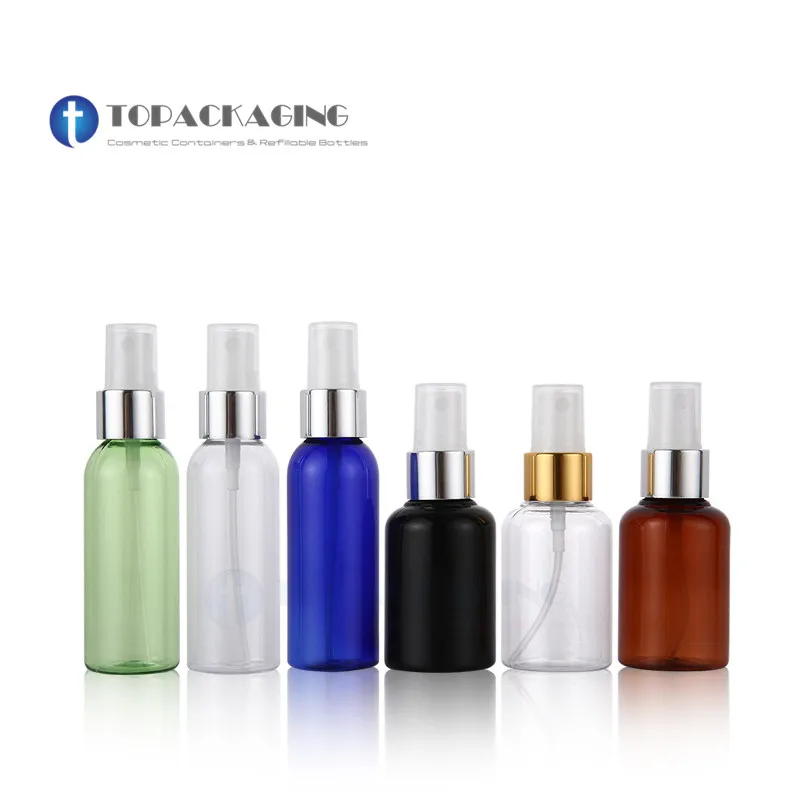 

50pcs*50ML Spray Pump Bottle Empty Cosmetic Container Plastic Perfume Refillable Packing Mist Atomizer Anodized Aluminum Ring