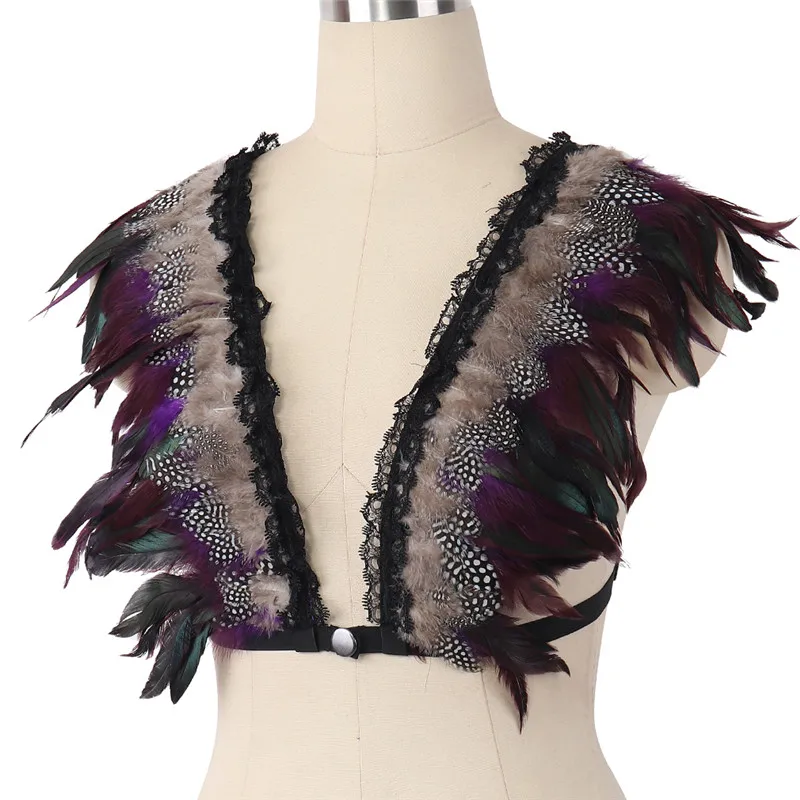 JLX.HARNESS Womens Angel feather bra Body Harness top Shawl cape feather Goth Gypsy Feather Wedding Wing Festival Rave Feather