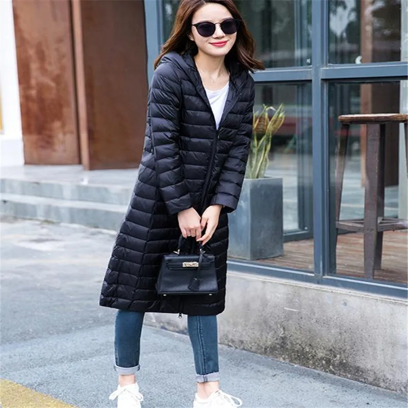 Women Down Jacket 2022 New Autumn Winter Warm Light Thin White Duck Down Coat Parkas Female Long Hooded Puffer Outerwears 4XL