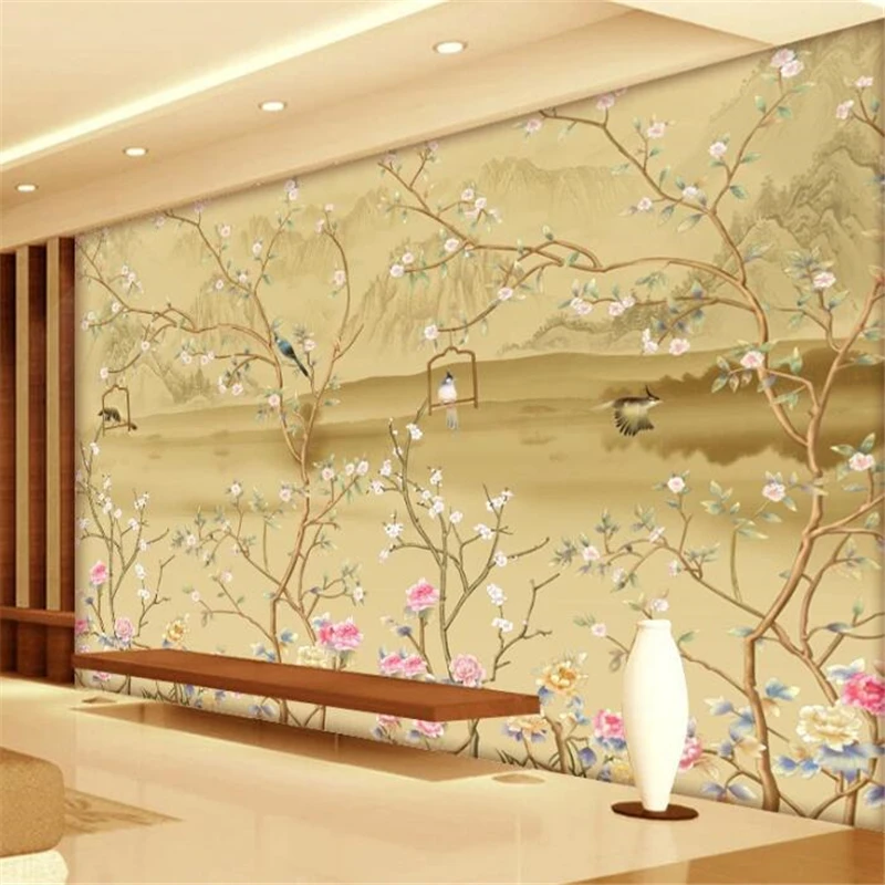 

beibehang Custom wallpaper 3d photo mural Chinese landscape flowers and birds background painting living room bedroom wallpaper