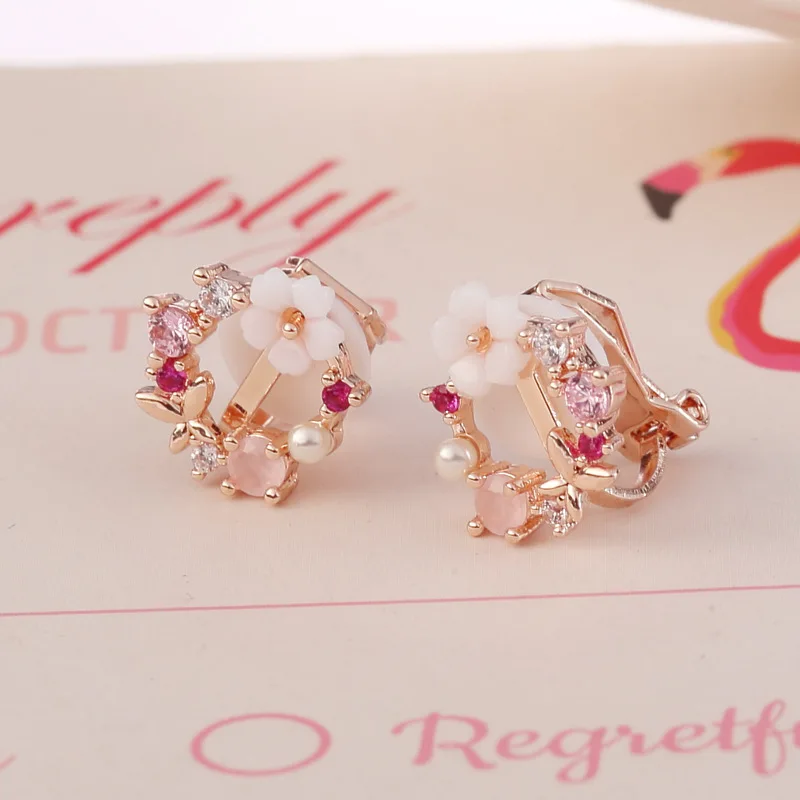 JIOFREE Elegant Korean Rhinestone Flower small Round Circle Clip Earrings Charm Pearl Wedding Party Jewelry Pendientes For Women