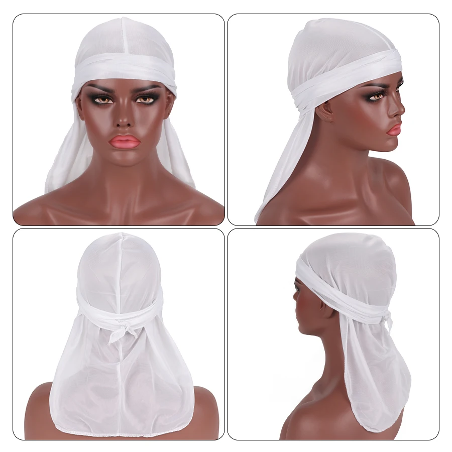 Plussign 실크 Durag 긴 꼬리 Durag 남녀공용 주름 없는 Du-Rag 100% 폴리에스터 화이트 블랙 Durag 스카프