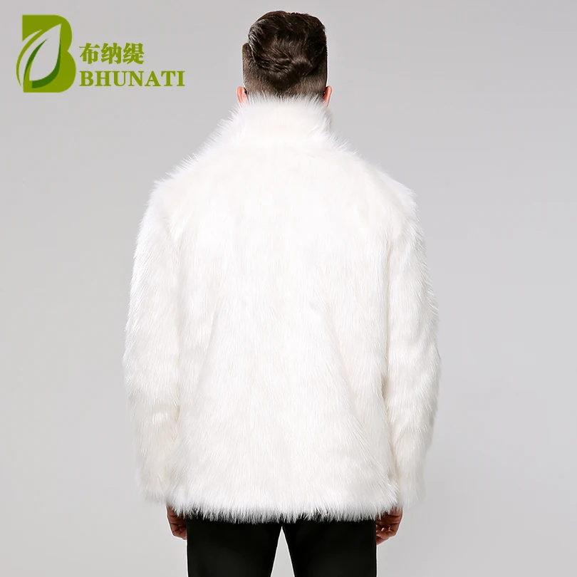 BHUNATI Mens Fur Coat White Stand Collar Long Sleeve Winter Men Fur Coat Winter Faux Fur Solid Loose Fox Fur Jacket Men Casual