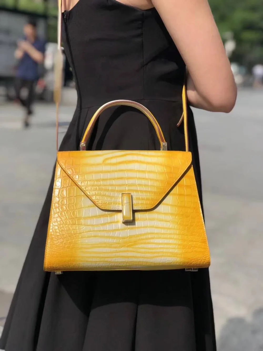 2018 new 100% genuine real crocodile skin lady shoulder bag women  tote bag top handle contrast colors top handle shoulder bag