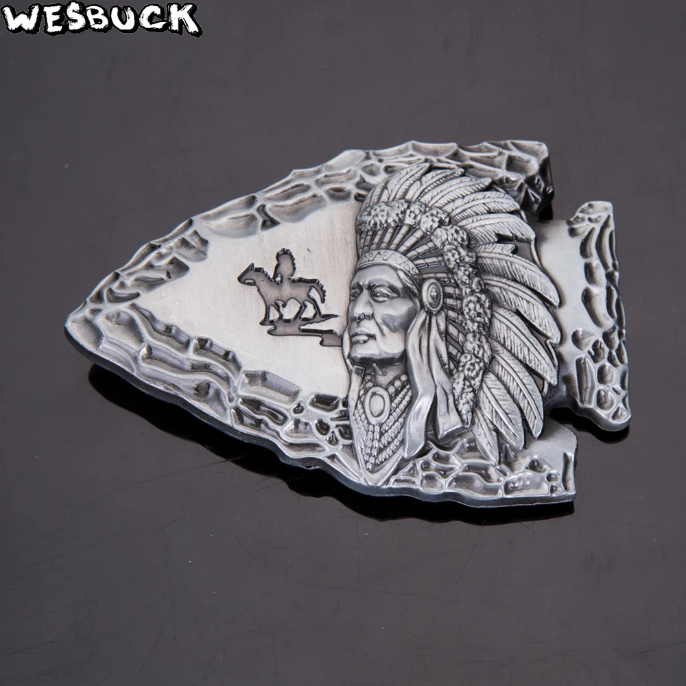 WesBuck Brand Fish Shape Old West Indian Warrior Chief Belt Buckle With Metal Belt Head Woman Man Jeans Jewelry Accessories