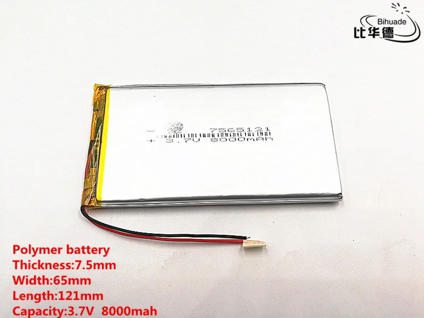 1 sztuk/partia Good Qulity 3.7 V, 8000 mAH, 7565121 polimerowy akumulator litowo-jonowy/litowo-jonowy do TOY, POWER BANK, GPS, mp3, mp4