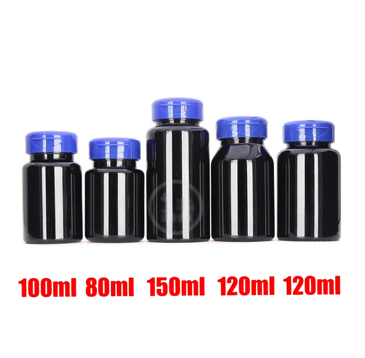 100pcs Black Color PET Flip Bottles,Capsules/Pills/Powder/Vitamin Empty Bottles with Blue Flip Cap -- 80ml/100ml/120ml/150ml