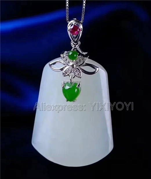 Beautiful Real 925 Silver White Green HeTian Jade Large Strip Dangle Lucky Pendant + Free Necklace Fine Jewelry Certificate