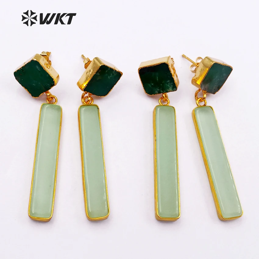 WT-E420 wholesale natural stone earrings women green long bar earrings jewelry with square stud classic style about 6*35mm