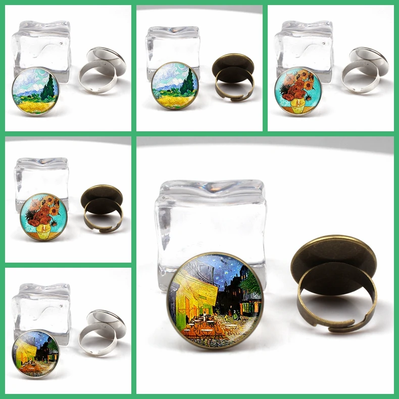 

Fashion retro Van Gogh art painting series ring star night glass crystal wheel charm men women ring party holiday gifts souvenir