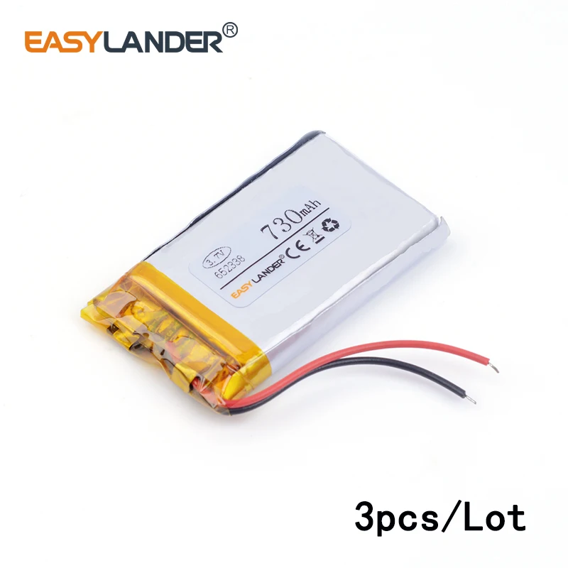 3pcs /Lot 652338 730mAh 3.7 Rechargeable Lithium Li-ion Polymer Battery for MP3 GPS Bluetooth small stereo DVR