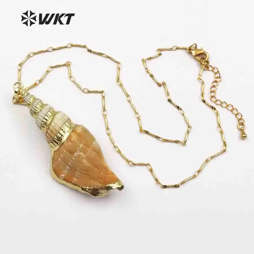 WT-JN044 Hot Sale Beautiful Custom Desidn Custom Natural Eletroplated Trumpet Shell With Gold Chain Necklace For Women Jewelry