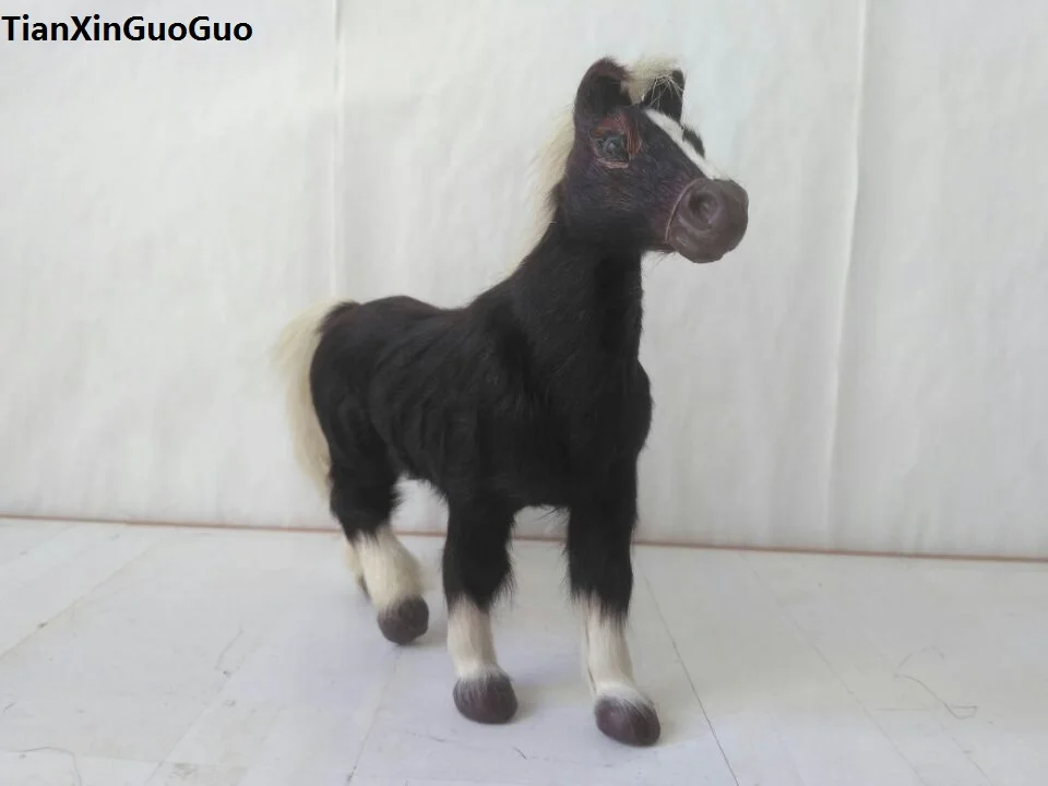 black horse 18x17cm hard model prop real furs horse ,home decoration toy gift s1765