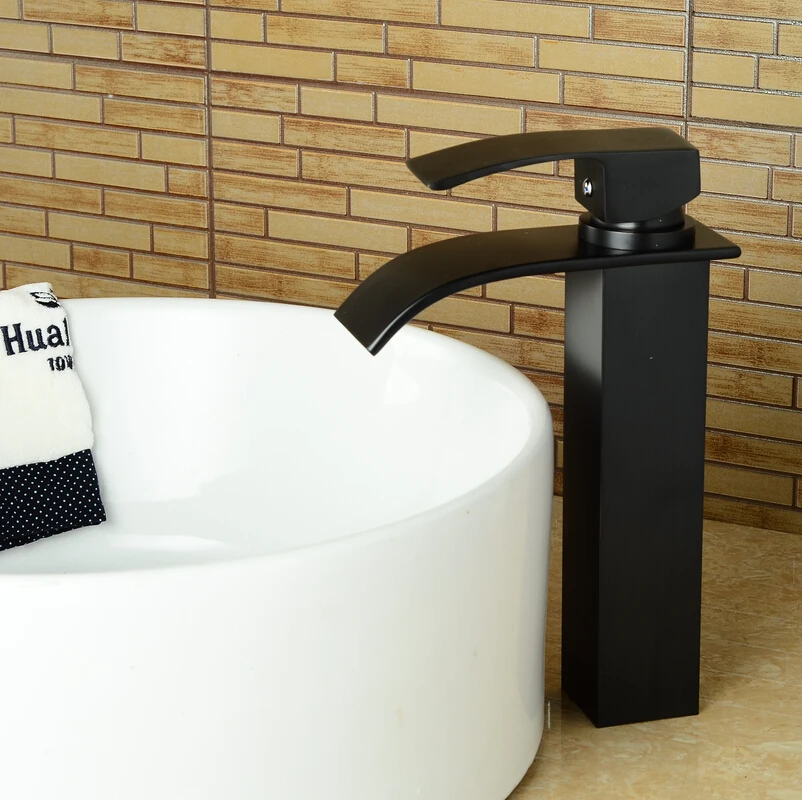 

Bathroom soild brass oil rubbed Black bronze high waterfall basin faucet black tall square faucets deck waterfall water tap