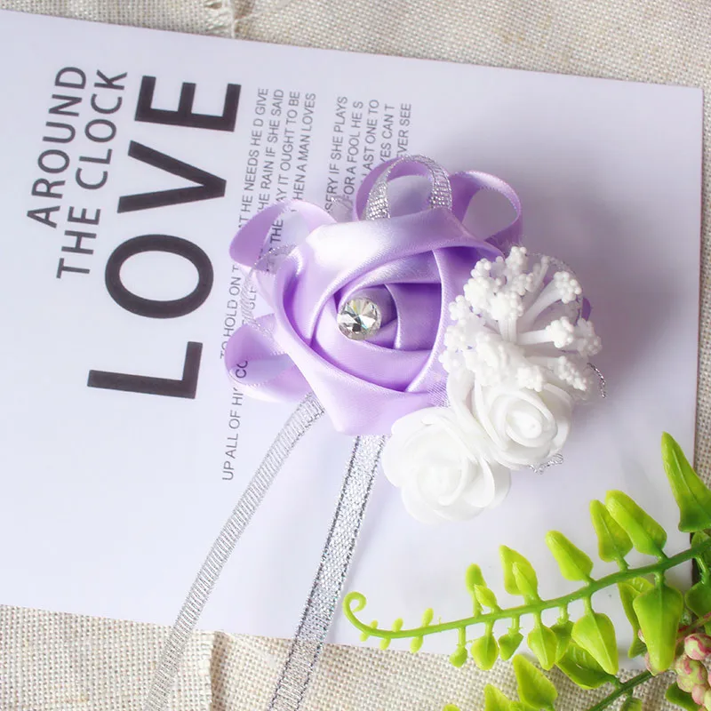 YO CHO Seidenrosen, weiße Handgelenk-Corsage, Handgelenkblumen für Brautjungfern, Blumenarmband, rosa, blau, Brautschwestern, Hochzeitsaccessoires – Detail 8