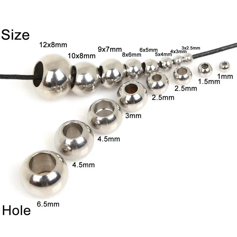 

Stainless Steel Mix Size Pick 15-150pcs Round Spacer Beads for hole size 1/1.5/2.5/3/4.5/6.5mm DIY Big Hole Beads for Bracelet