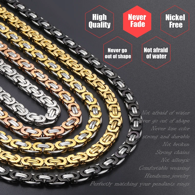 Trendsmax 7/9/11mm Byzantine Necklace for Men Stainless Steel Chain Gold Color Black 2018 Fashion Men Jewelry Gift 18-36\