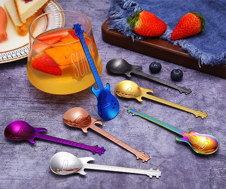 100pcs New Create Guitar Coffee Spoon 304 Stainless Steel Mixing Spoon Food Grade Tea Spoon Teaspoon W9916