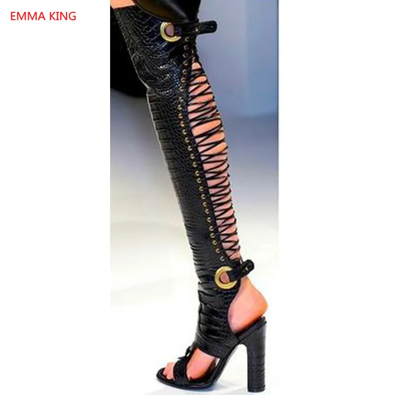 Runway Back Cut-Out Women Summer Boots 2020 Ladies Fashion High Heels Roman Sandals Black Over The Knee Gladiator Sandals Shoes