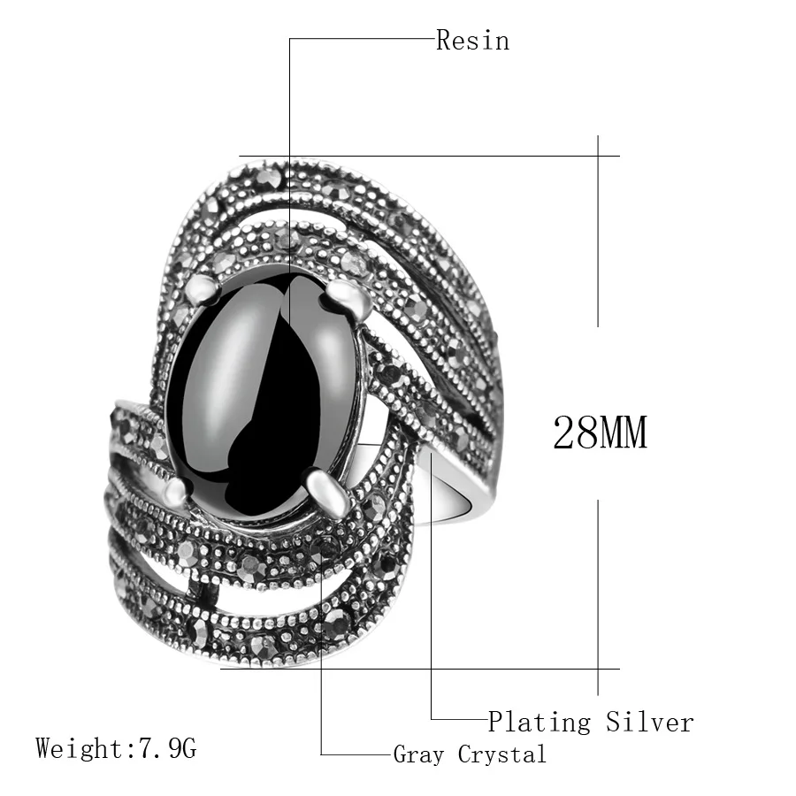 Vintage Black Crystal Opals Rings Women Retro silver color jewelry Ring punk Bijoux anel masculino bague femme Bulgaria rings