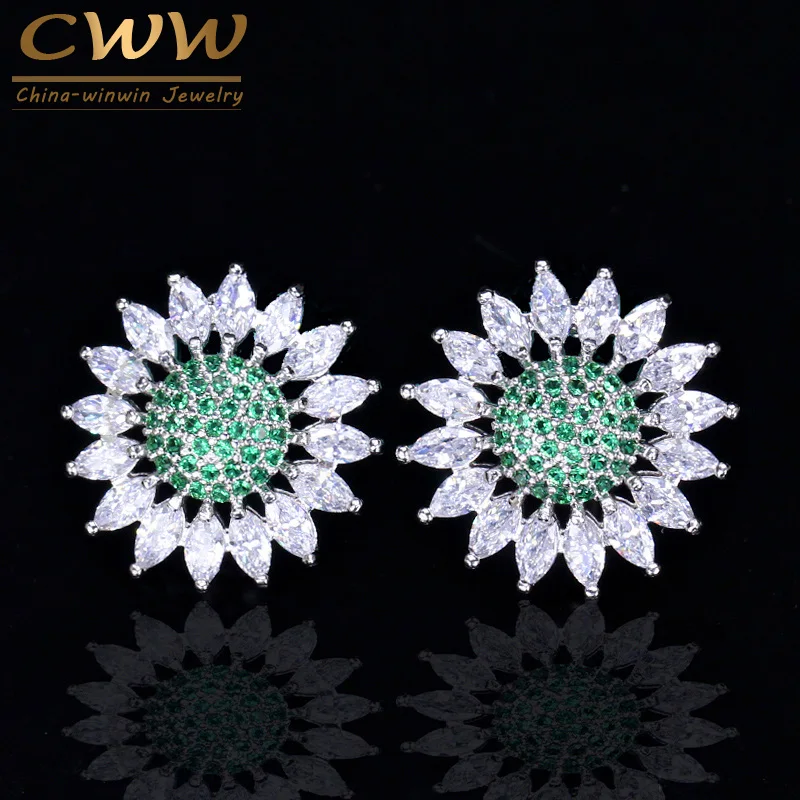 CWWZircons Fashion Ladies Ear Jewelry White Gold Color Green Cubic Zirconia Stones Piercing Stud Lovely Flower Earrings CZ150