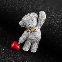 Lovely Bear Zircon Brooches for Women Sweet Teddy Holding Red Heart Enamel Pins Bow knot Brooch Vintage Animal Jewelry Broche