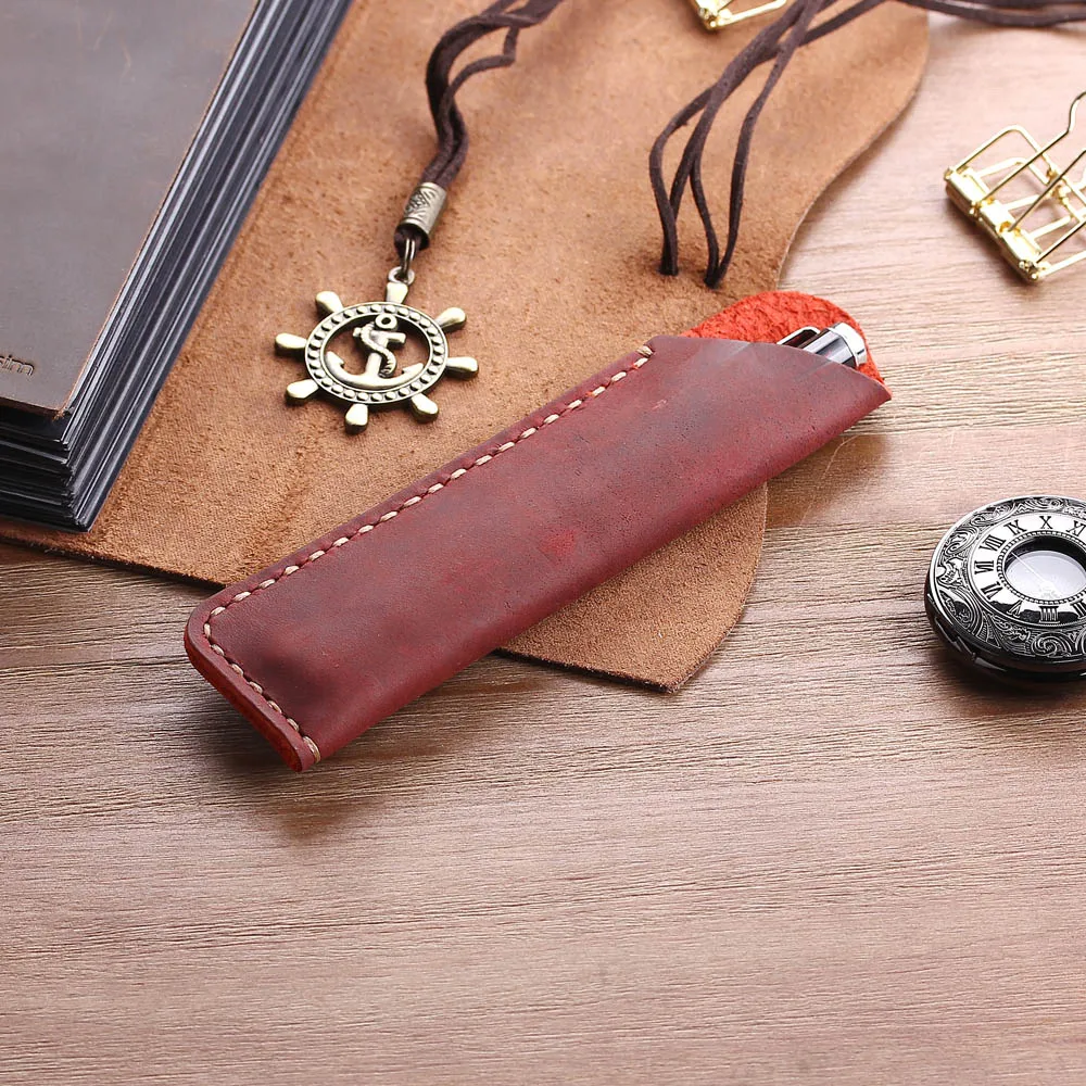 Personalise Handmade Genuine Leather Fountain Double Pen Bag Soft Pencil Protective Sleeve Cover