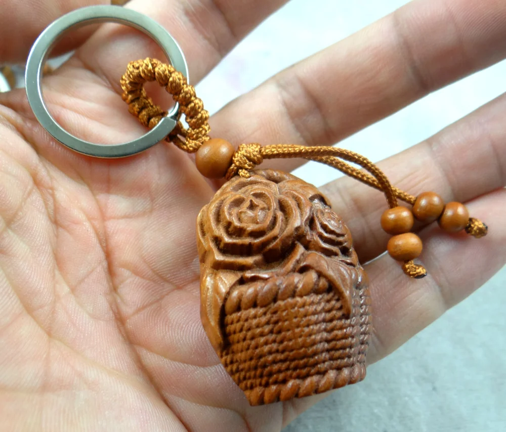 Natural mahogany three-dimensional engraving Flower basket keychain Buddha key ring jewelry gift for men and women 1pc