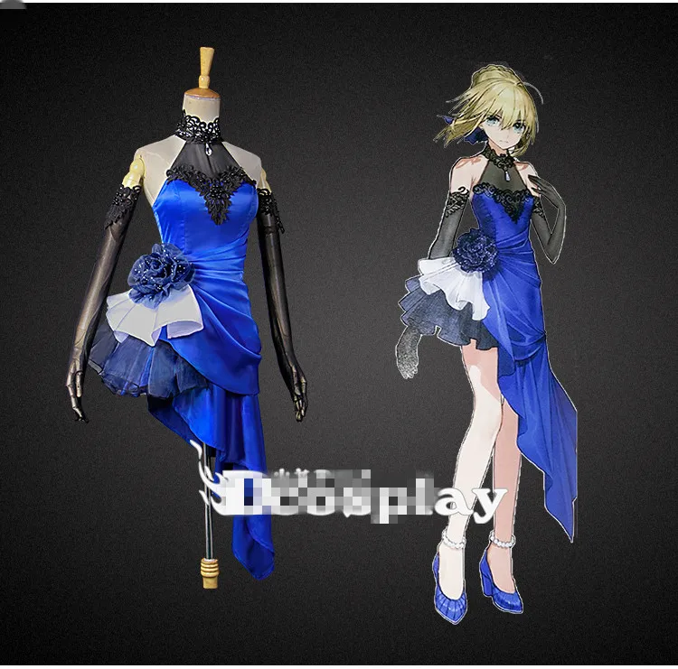 [Lager] Anime! Fate/extella Saber Cosplay Kostüm Mode Sexy Spitze Scoop-back Design Blaues Kleid Für Frauen