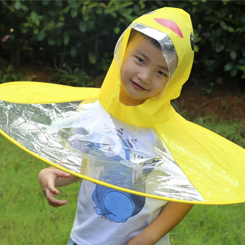 Creative Kids Rain Cover Cute Cartoon Duck UFO Children\'s Raincoat Boys And Girls Umbrella Hat Windproof Poncho Rain Gear Hot