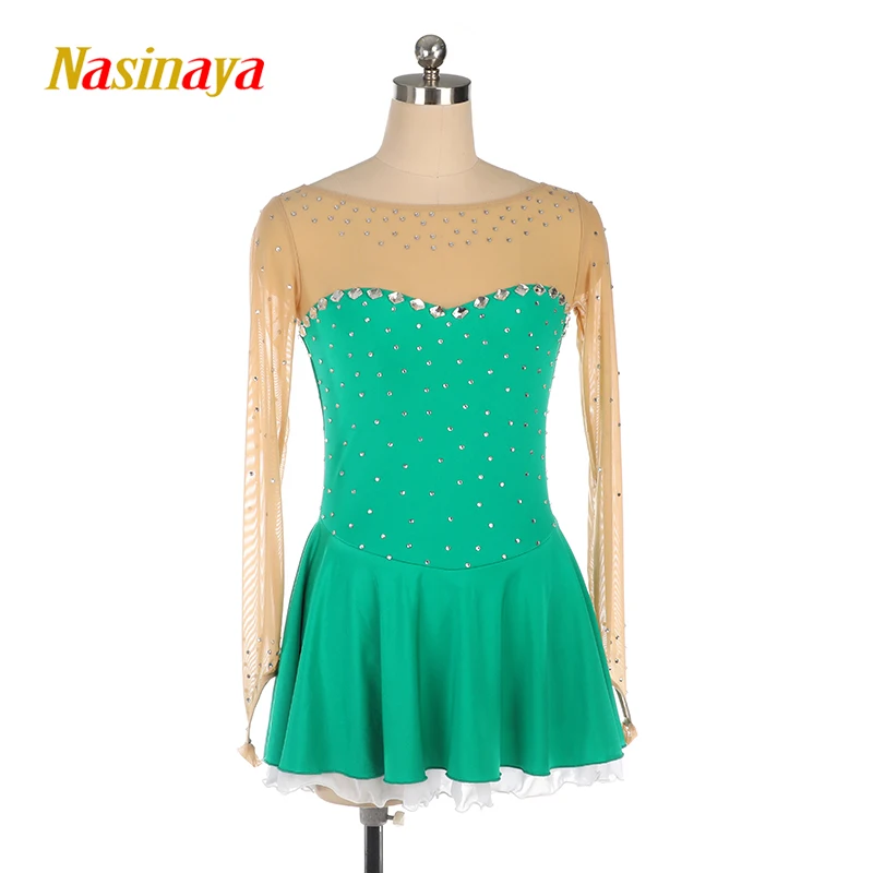 Nasinaya Figure Skating Competition Training Customized Dress Girls Children Dark Mesh Green Shiny Gymnastics Dance Performance