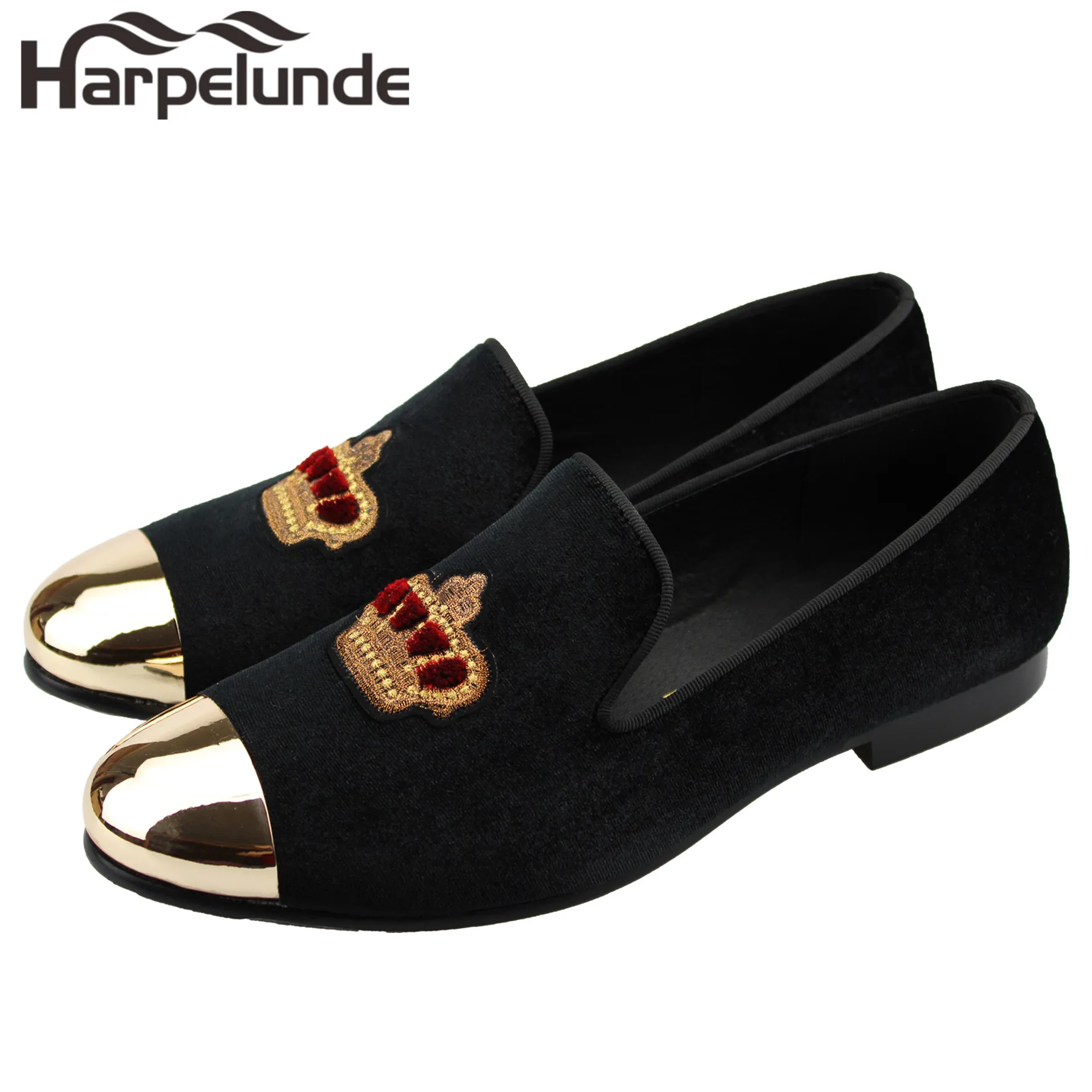 Harpelunde  Mens Formal Shoes Bullion Black Velvet Loafers With Copper Cap Toe