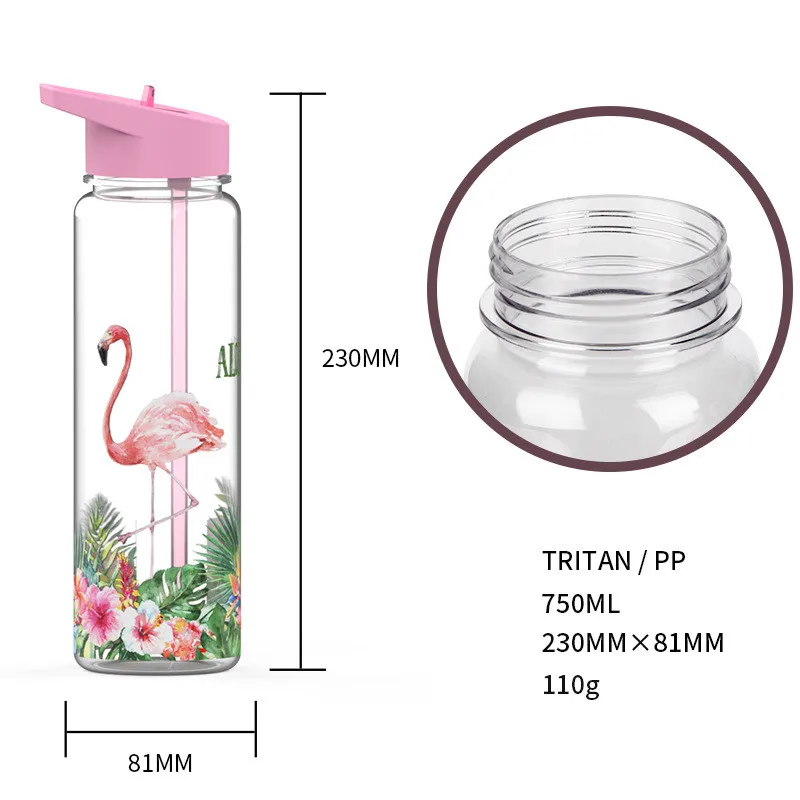 Bpa-Free 750ml 100%Tritan Sports Outdoor Straw Water Bottle With Flamingos&Elk Printing My Drink Juice Handle The Unicorn Kettle