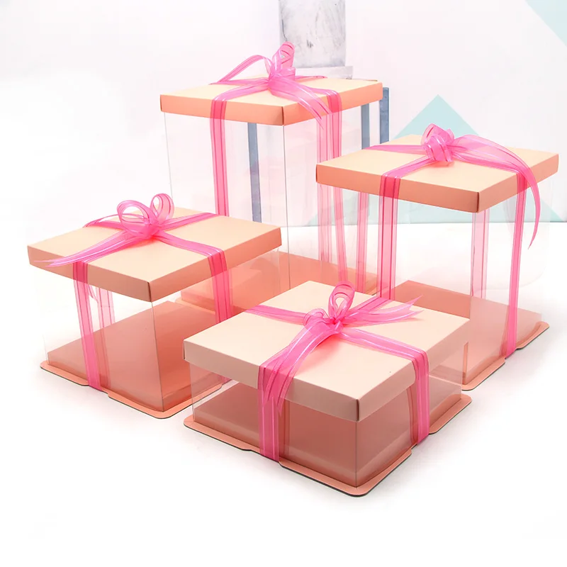 Pink Paper Transparent Cake Box 4-16 inches Big Size Cake Box Birthday Party Cake Gaine Simple Gift Box 20pcs\lot Free shipping