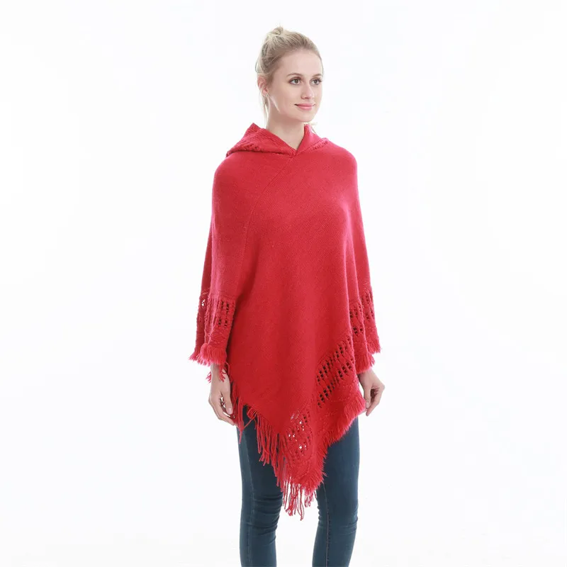 New Women Hooded Solid color Poncho Cape Ladies Plus Size Knit Sweaters oversize Pullover woman coat free size