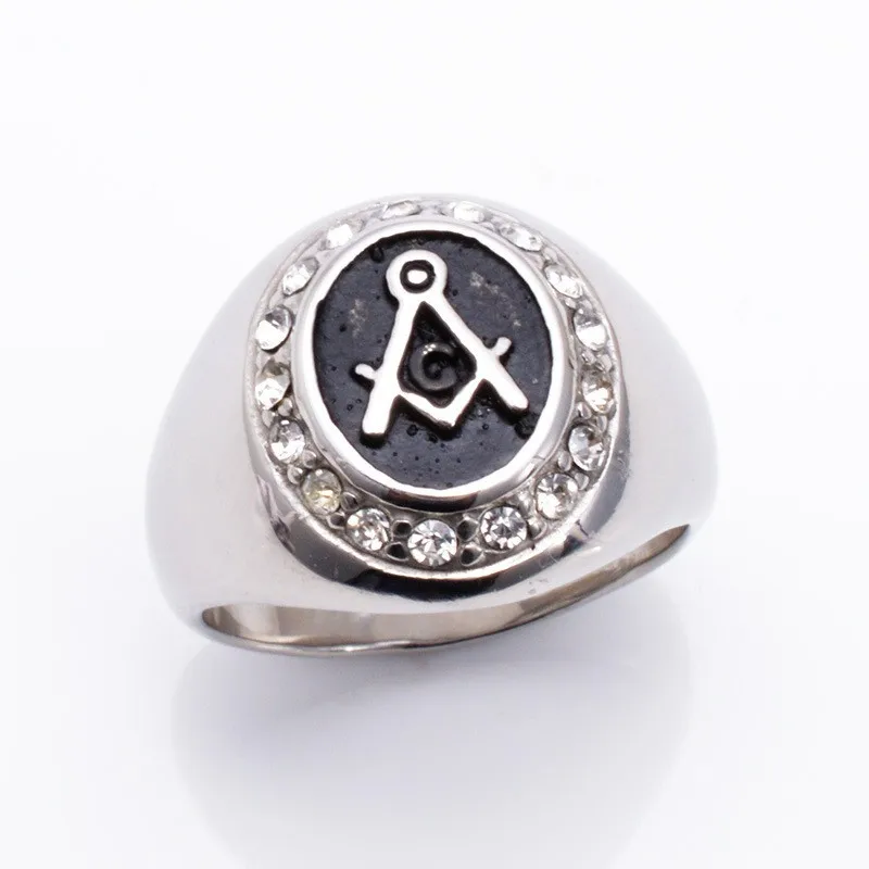 Men's Masonic Ring 316L Stainless Steel Clear Cz Crystal Vintage Freemason Ring