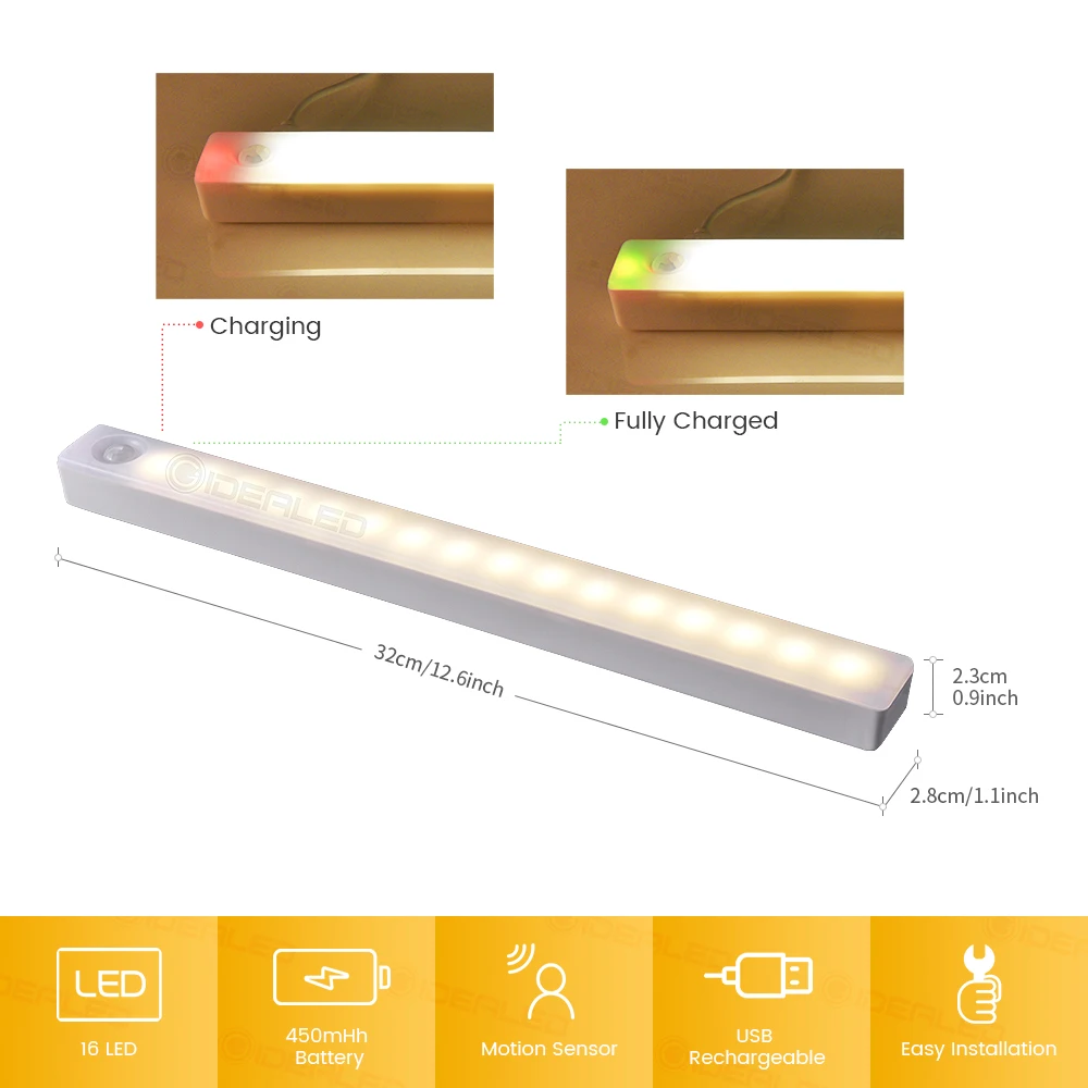 Motion Sensor Light 16 ไฟ LED Closet ภายใต้ตู้แสงไฟปลอดภัยไร้สายแม่เหล็ก Night Light