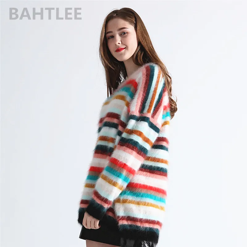 BAHTLEE-Women\'s Angora Rabbit Rainbow Patter Knitted Pullovers, Casual Long Sleeves Sweater, Loose Sweater, Keep Warm, Autumn, W