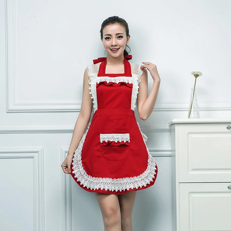 Woman Ladies Adult Retro Lace Maid Sexy Apron Dress Kitchen Household Waist Bib Cleaning BBQ Work Aprons Pink Black Red