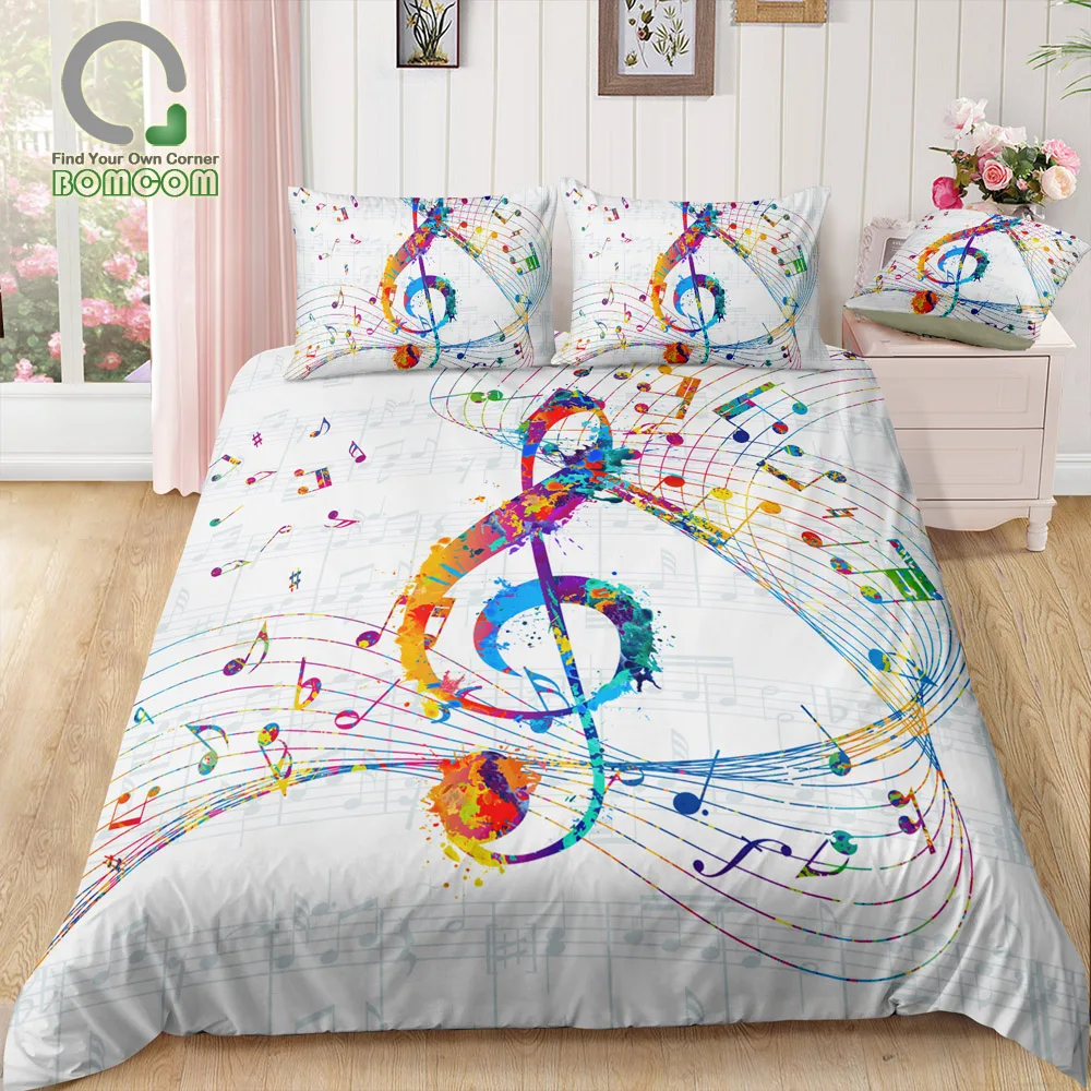 BOMCOM 3D Digital Printing Bedding Set Colorful Music Note Treble Clef Staff 3-Pieces Duvet Cover Sets 100% Microfiber