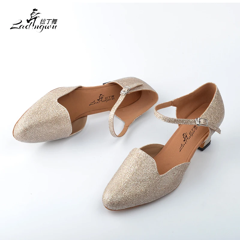 Ladingwu Golden Flash Cloth Women\'s Salsa Dance Shoes Closed Toe Soft Bottom Latin Ballroom Square Dance Shoes Heel 5/6/8.3cm