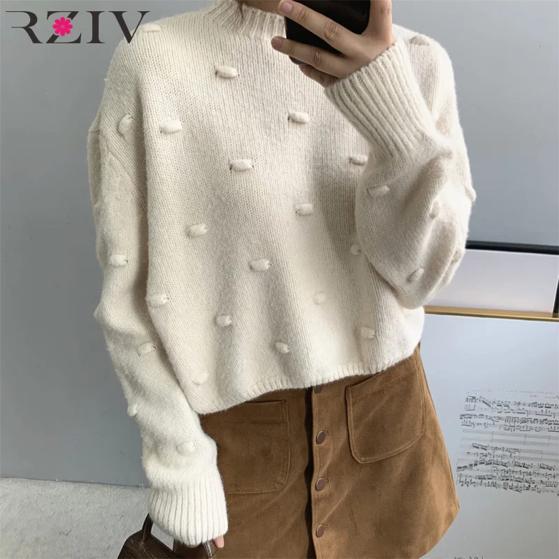 RZIV Autumn women sweater casual solid color knitted sweater round neck long-sleeved sweater crochet design