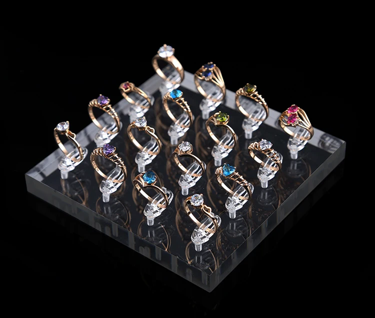 Square Acrylic Ring Holder Ring Display Tray 16-Ring Clips Stands Ring Organizer Jewellery Display Holders Jewelry Case