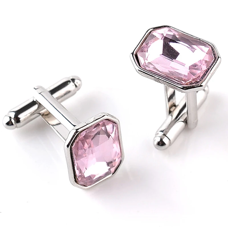 Big Pink Crystal Shirt Oblong Cufflinks Men Women Silver Buttons Casual Cuff Links Gift For Boyfriend Party Dress