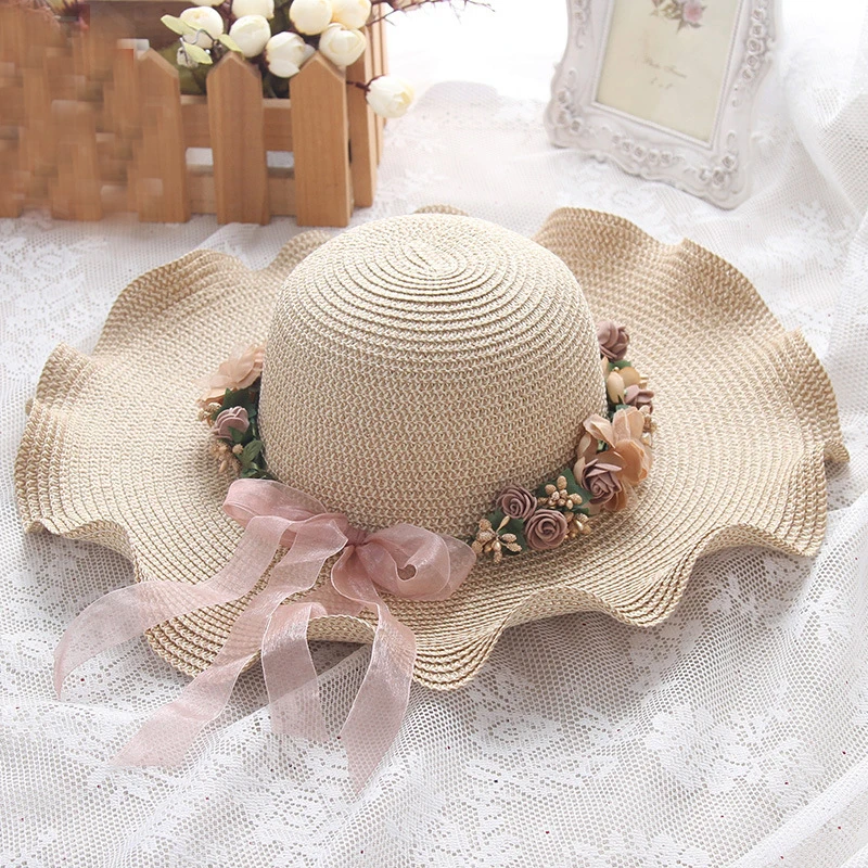 HT1689 Korea Style Women Hats for Summer Solid Anti-UV Wide Brim Floppy Hats Ladies Flower Garland Beach Hats Wave Brim Sun Hat